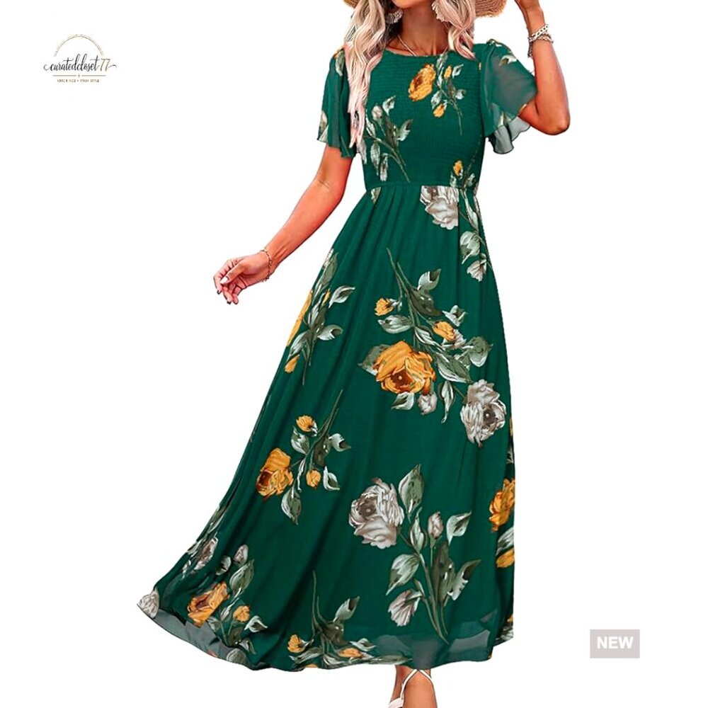 Summer Maxi Dress Floral Boho Chiffon Smocked Top Flutter Sleeve